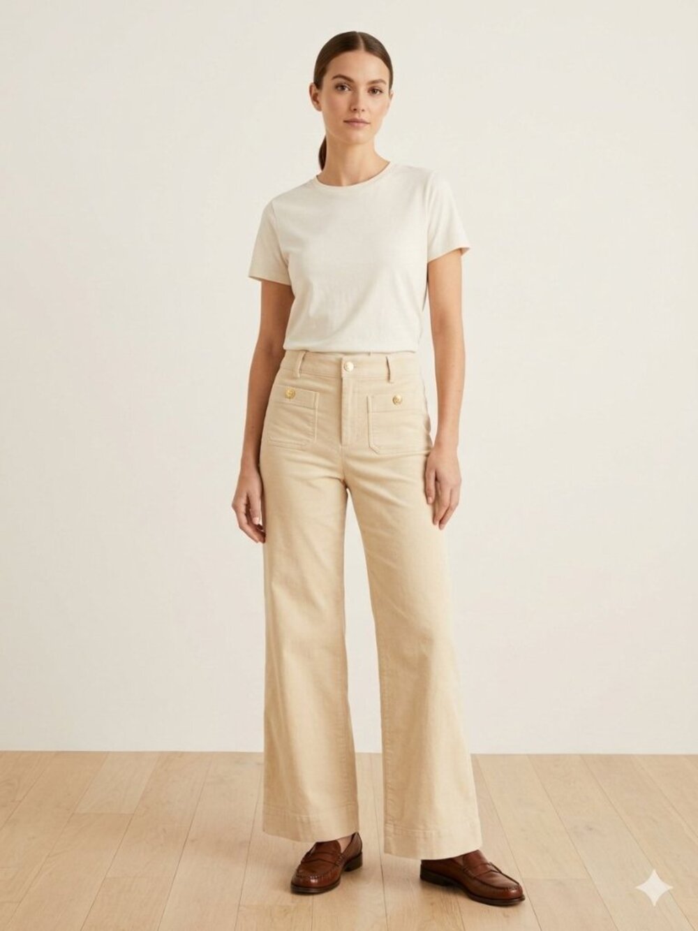 J.Crew Lizzie Corduroy Wide-Leg Pants Size 28 Beige Cream High Rise Gold Button